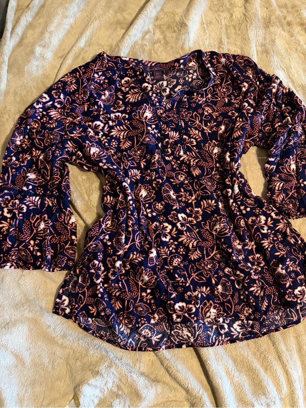 Gloria Vanderbilt Floral Blouse Navy Coral Ruffle Bell Sleeve Career Boho XXL